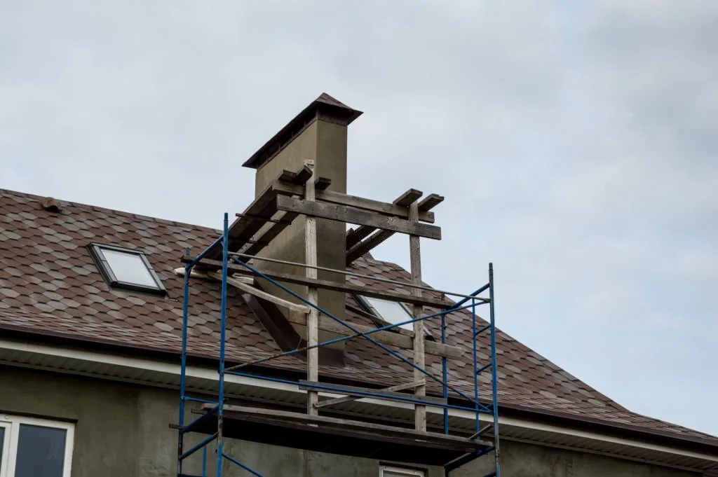 Exterior masonry chimney on a pitched roof